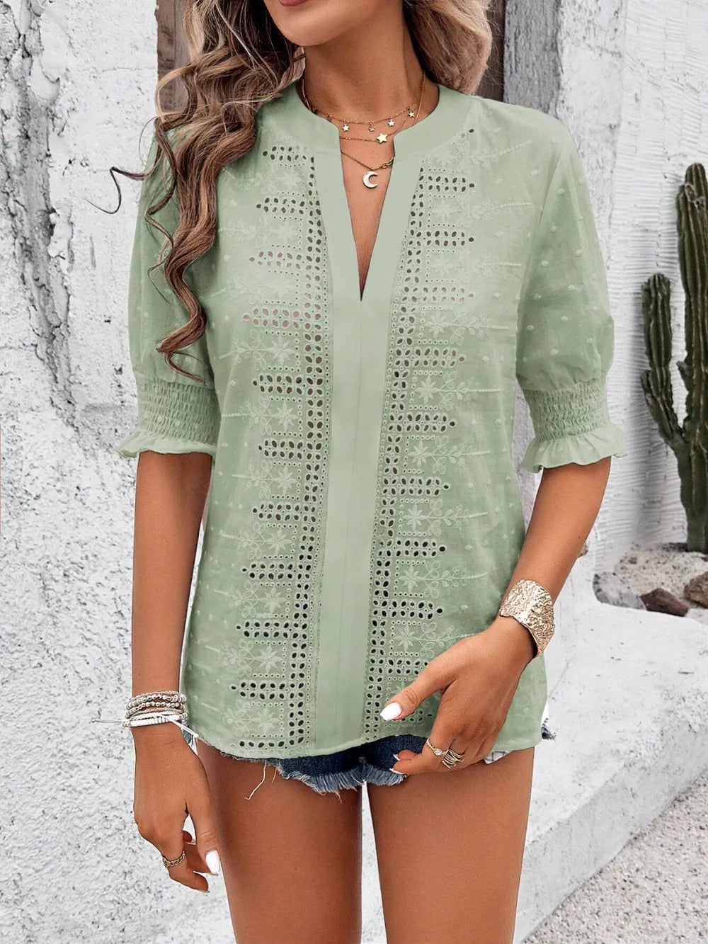 Eyelet Notched Flounce Sleeve Blouse - Maria de Fatima Andrade