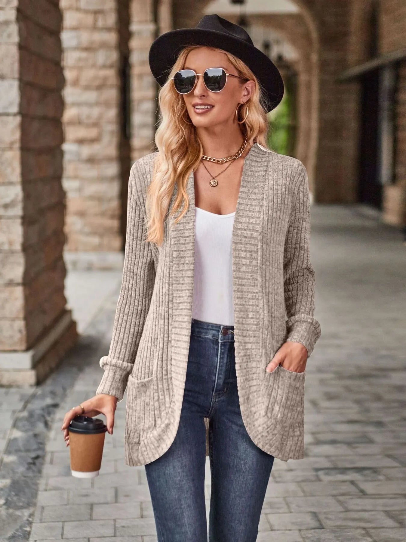 Ribbed Open Front Long Cardigan with Pockets - Maria de Fatima Andrade