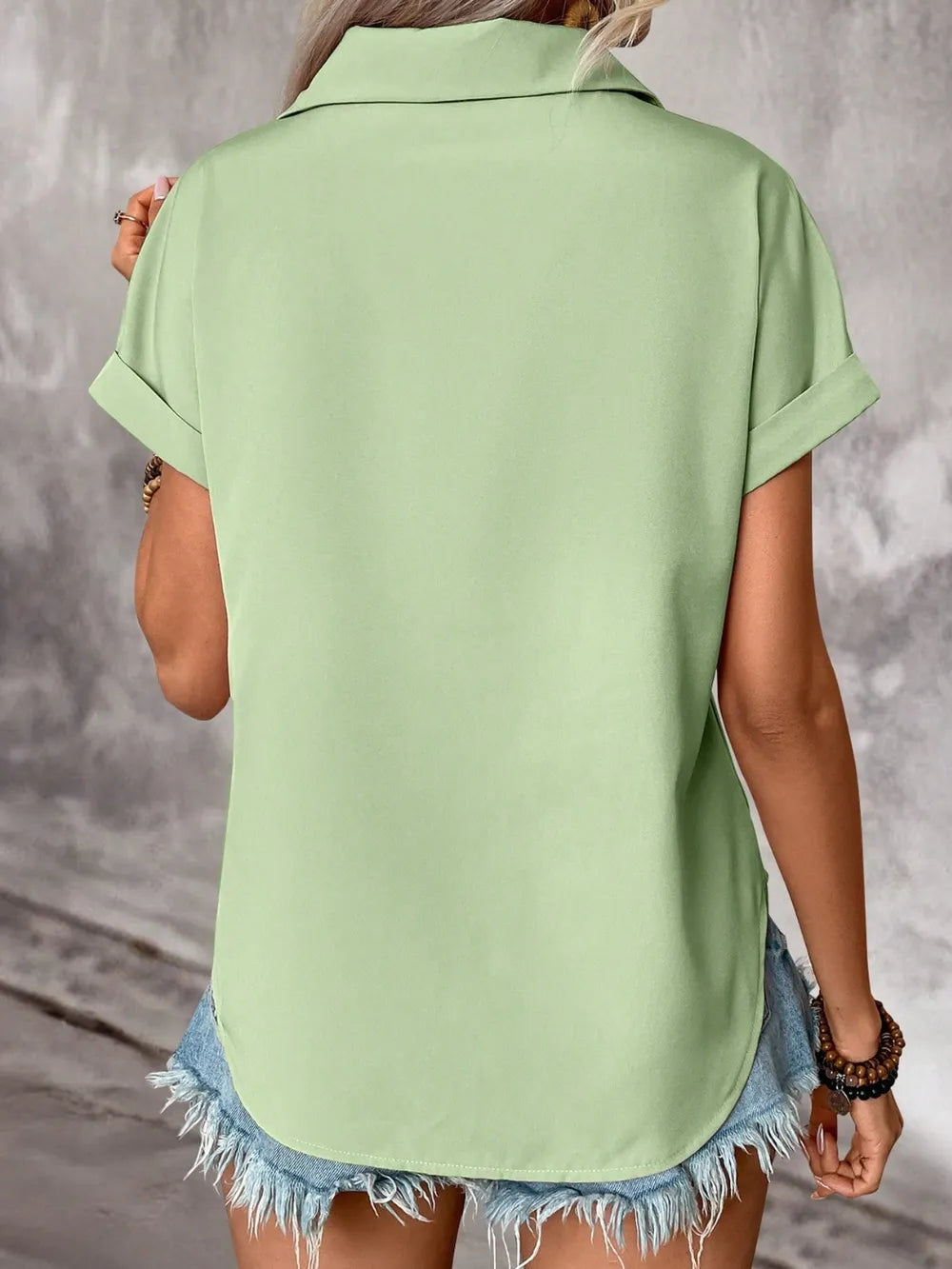 Pleated Detail Collared Neck Short Sleeve Shirt - Maria de Fatima Andrade