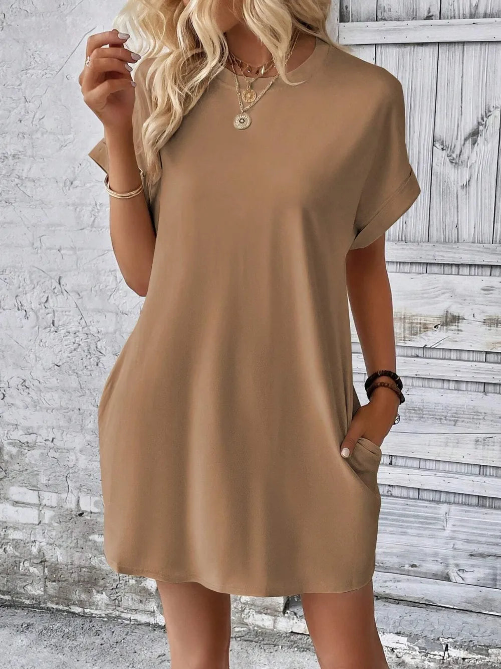 Round Neck Short Sleeve Mini Dress - Maria de Fatima Andrade