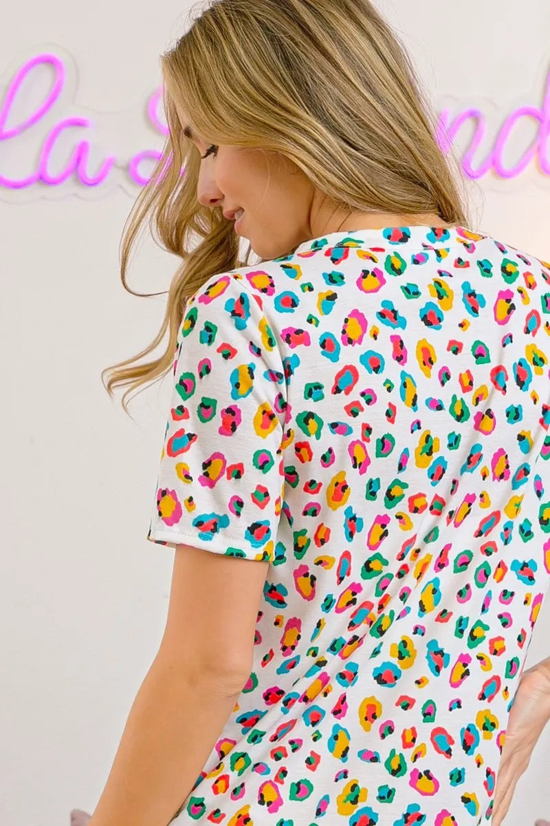 BiBi Multi Color Leopard Jersey Shirred V Neck Top - Maria de Fatima Andrade