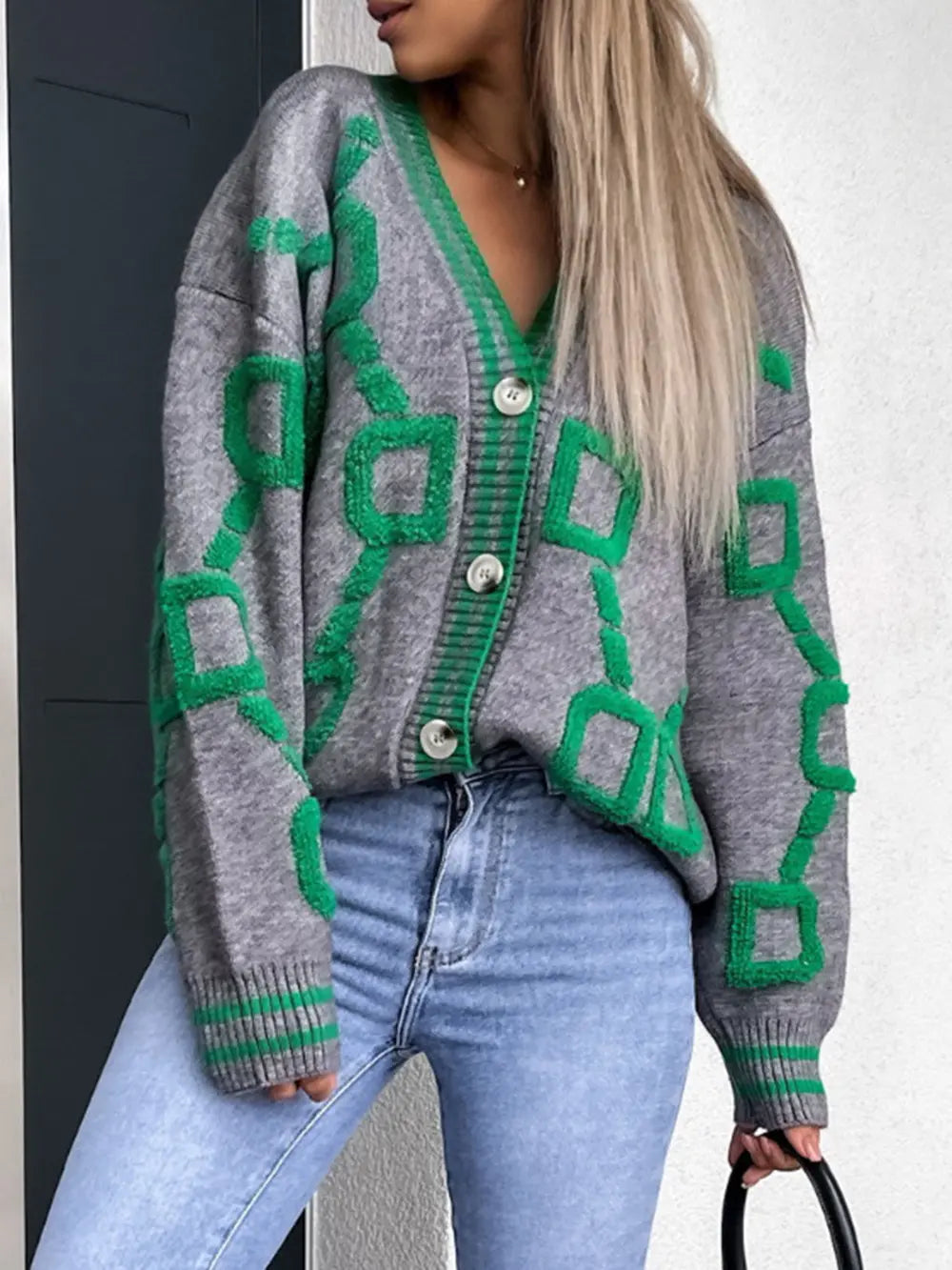 Geometric Dropped Shoulder Button Down Cardigan - Maria de Fatima Andrade