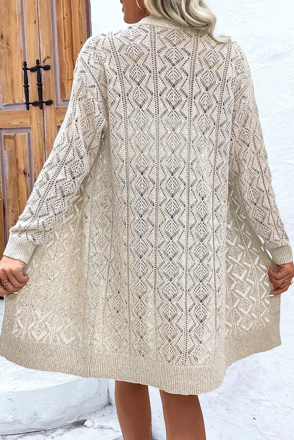 Openwork Button Down Long Sleeve Cardigan - Maria de Fatima Andrade