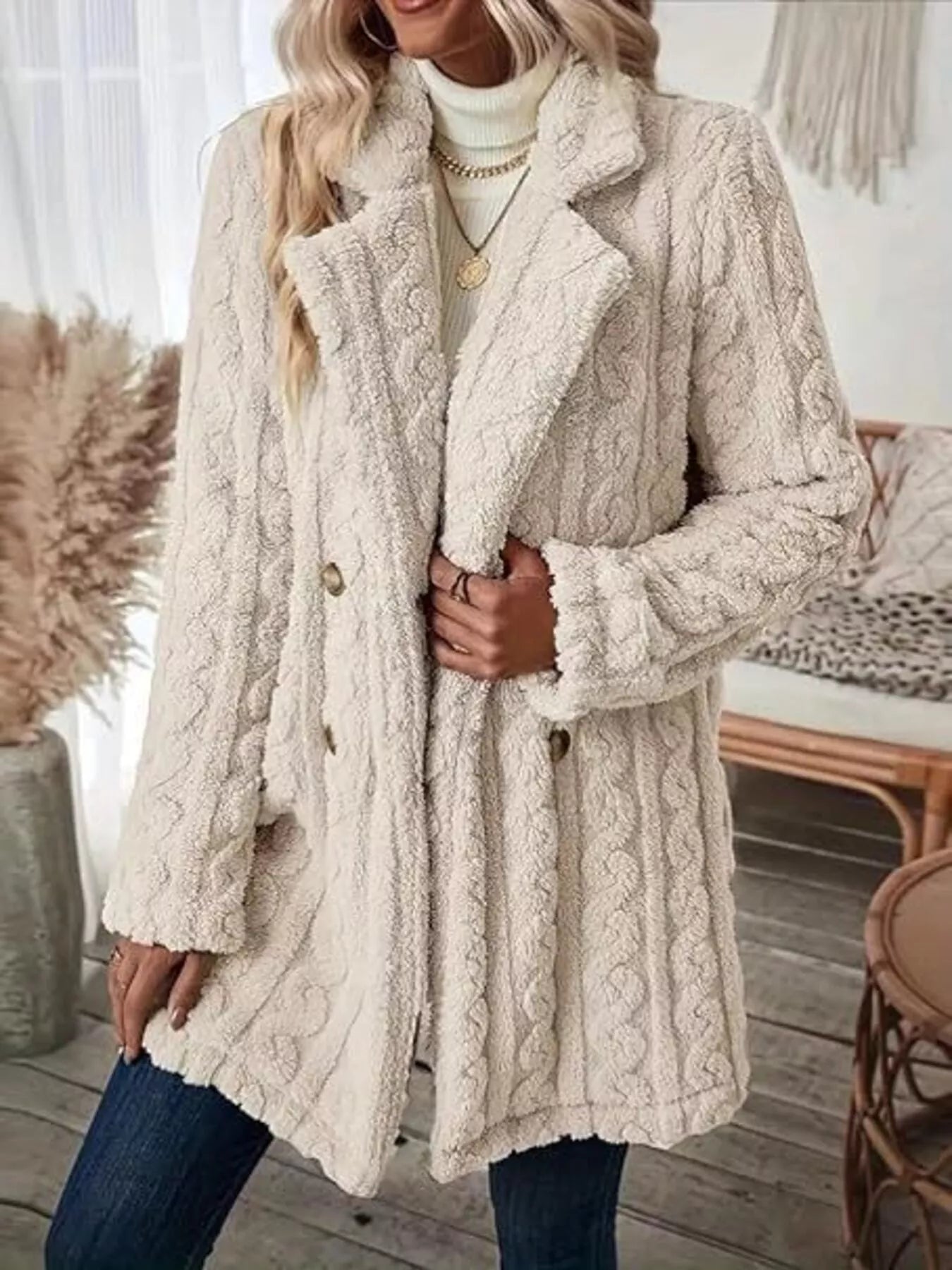 Double-Breasted Fleece Longline Coat - Maria de Fatima Andrade