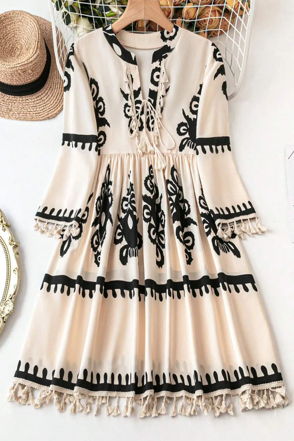 Tassel Printed Three-Quarter Sleeve Mini Dress - Maria de Fatima Andrade