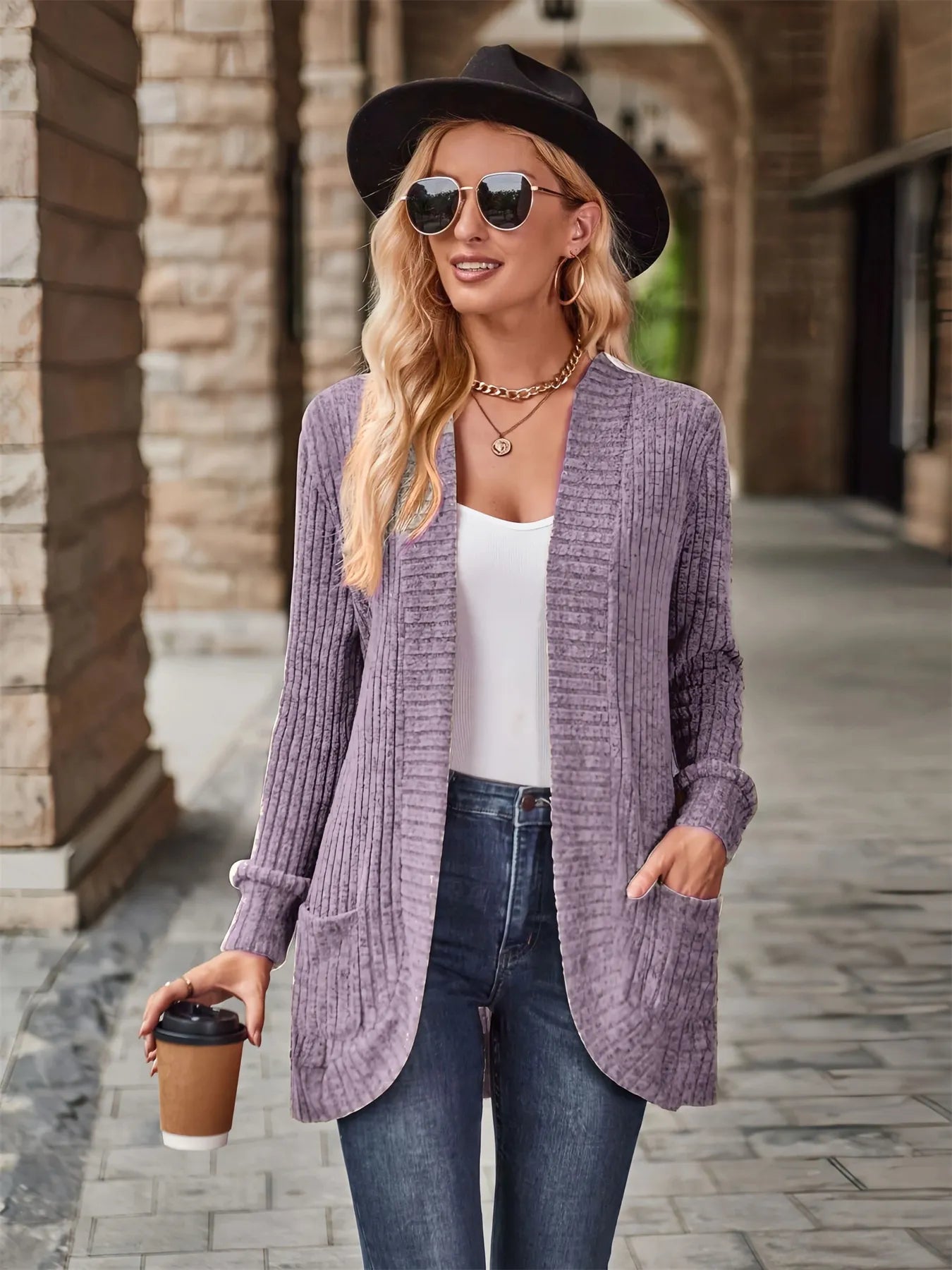 Ribbed Open Front Long Cardigan with Pockets - Maria de Fatima Andrade