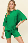 Double Take Full Size Texture Round Neck Drop Shoulder T-Shirt and Shorts Set - Maria de Fatima Andrade