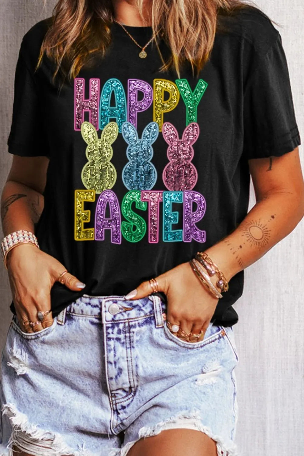 Happy Easter Sequin Bunny Round Neck T-Shirt - Maria de Fatima Andrade