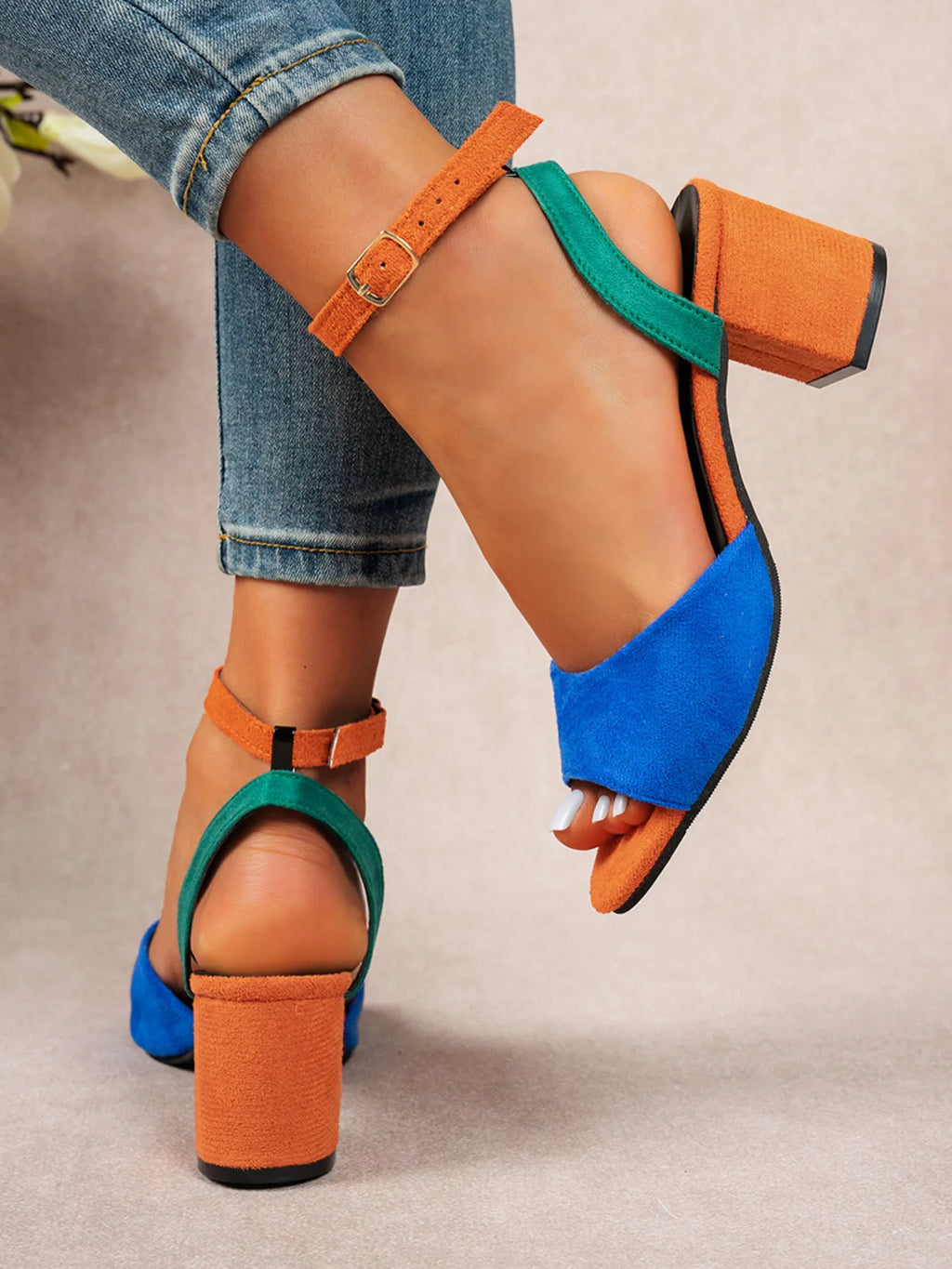 Colorblock Chunky Heel Ankle Strap Sandals - Maria de Fatima Andrade