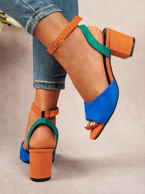Colorblock Chunky Heel Ankle Strap Sandals - Maria de Fatima Andrade