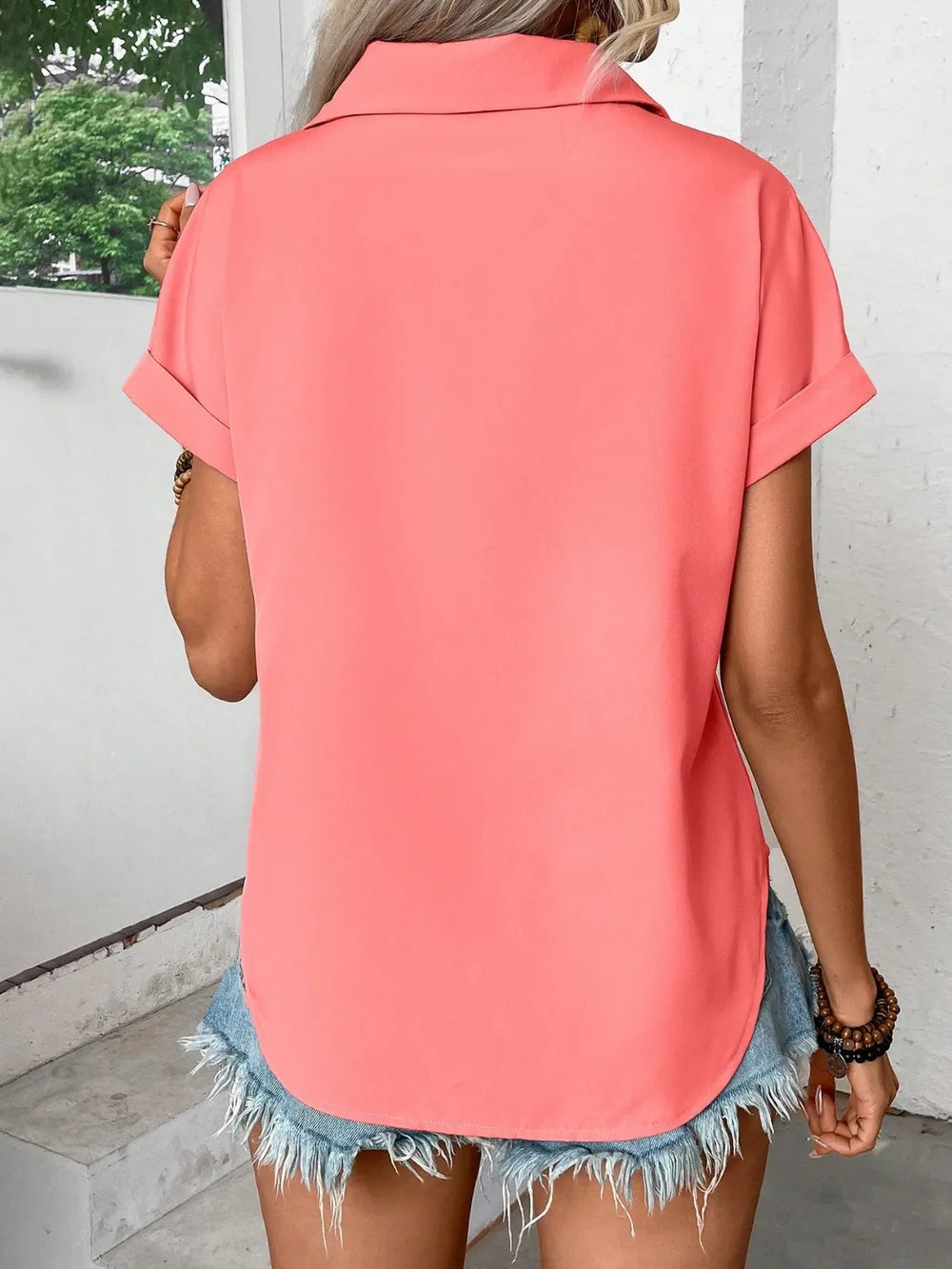 Pleated Detail Collared Neck Short Sleeve Shirt - Maria de Fatima Andrade