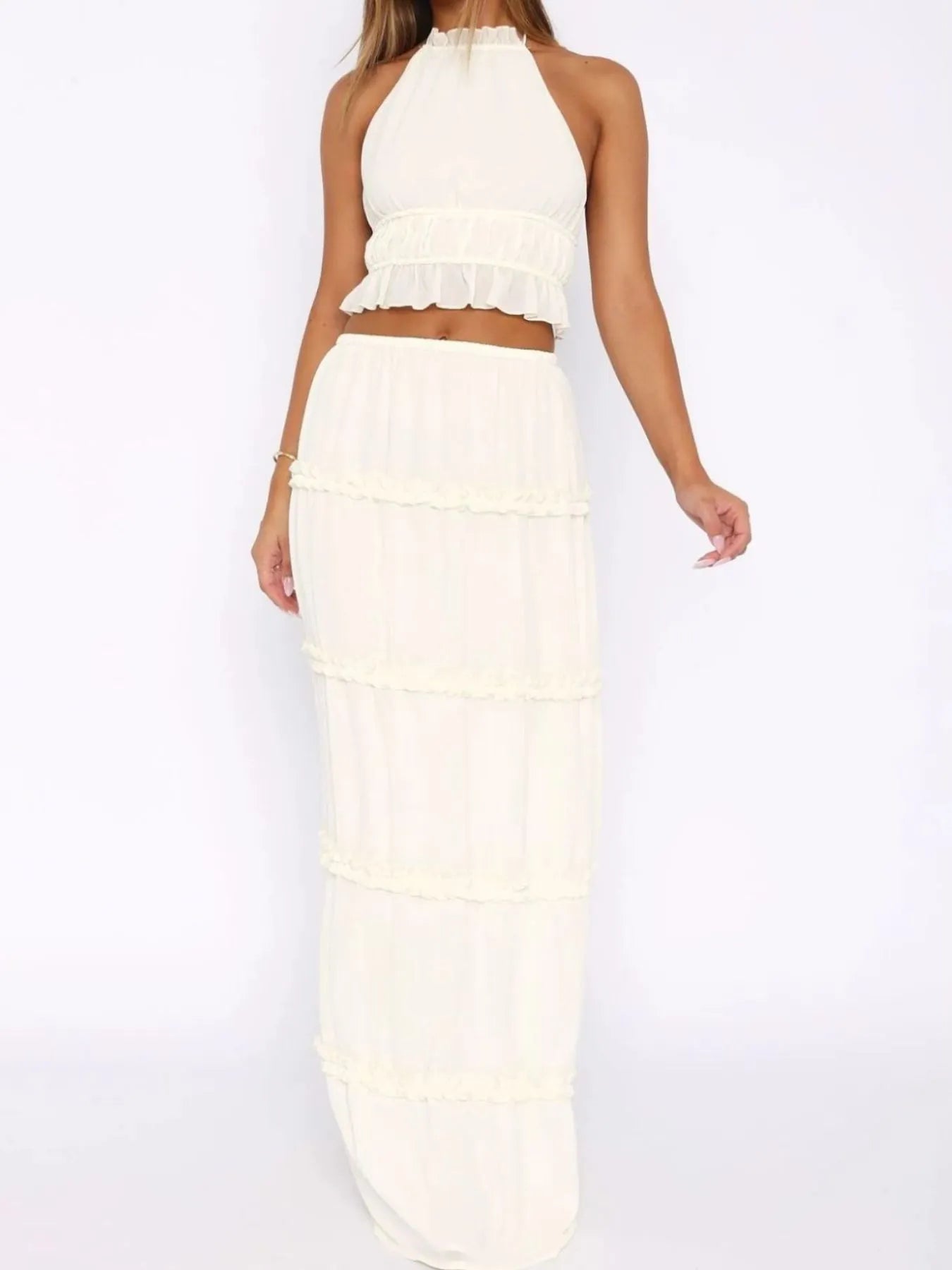 Halter Crop Backless Top and Maxi Skirt Set - Maria de Fatima Andrade