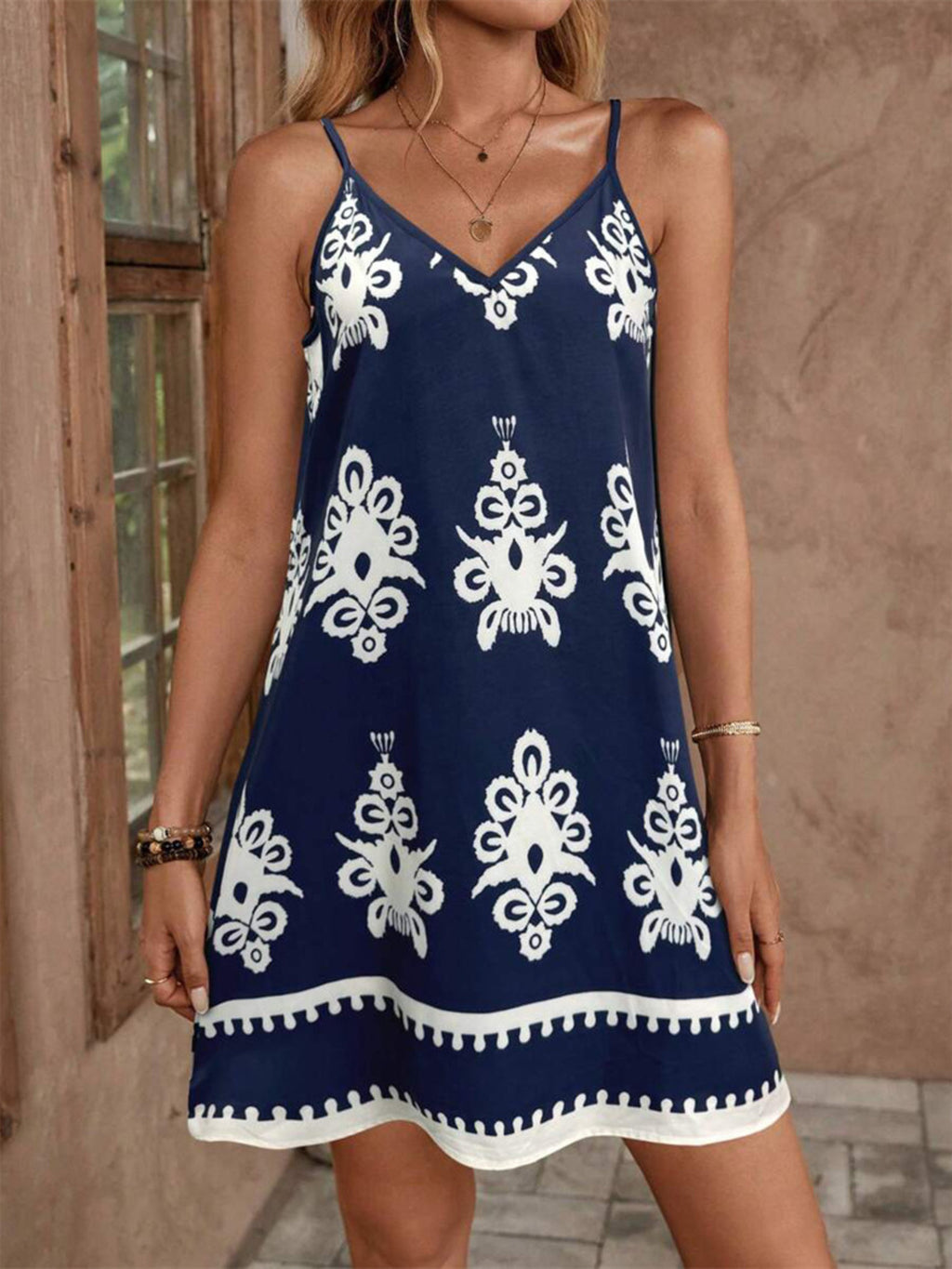 Printed V-Neck Sleeveless Mini Dress - Maria de Fatima Andrade