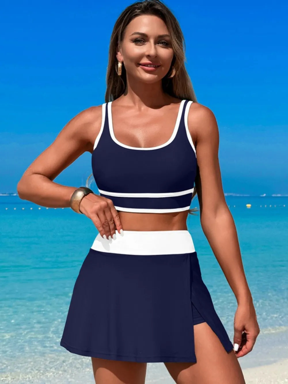 Scoop Neck Top and Skort Swim Set - Maria de Fatima Andrade