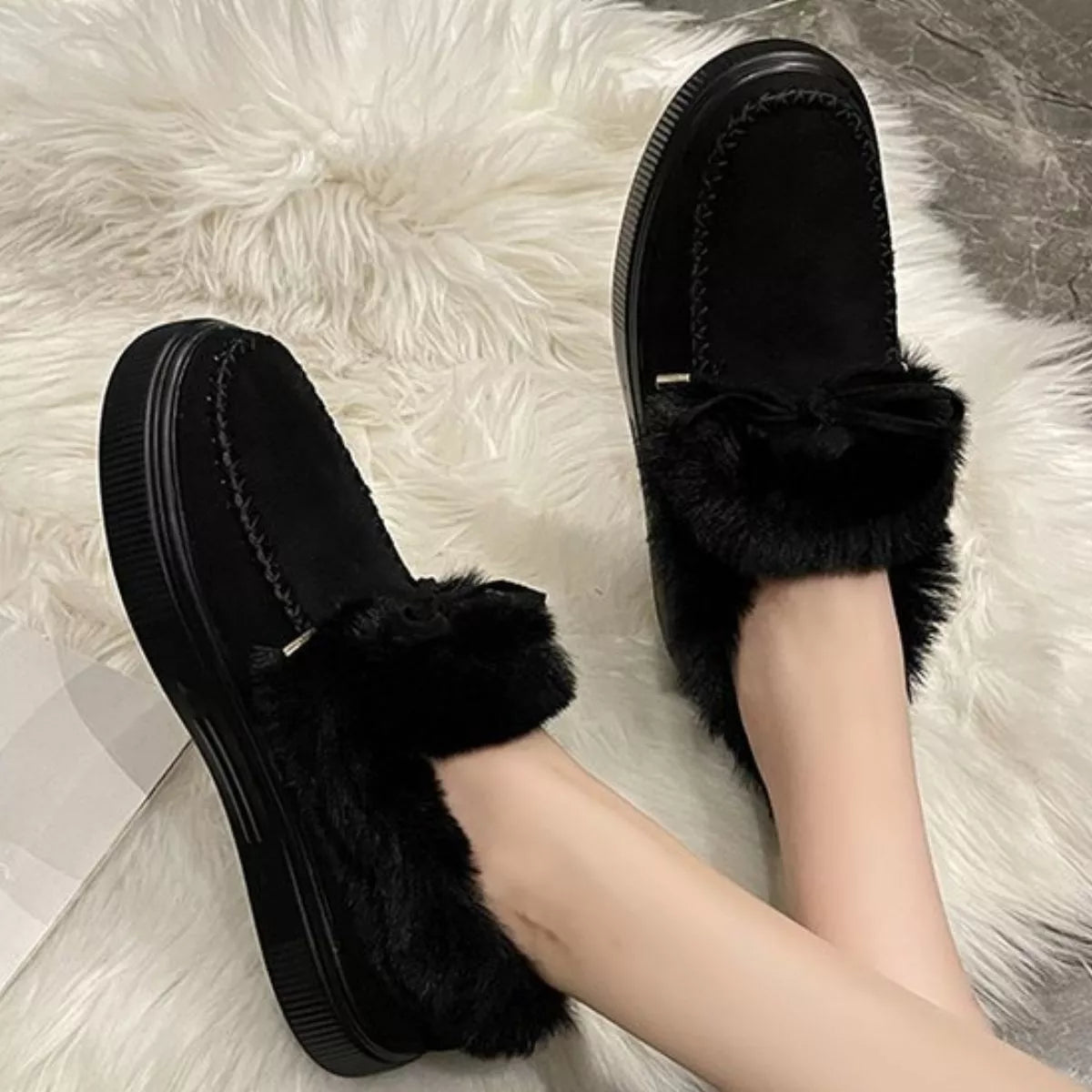 Fuzzy Round Toe Slip-Ons - Maria de Fatima Andrade