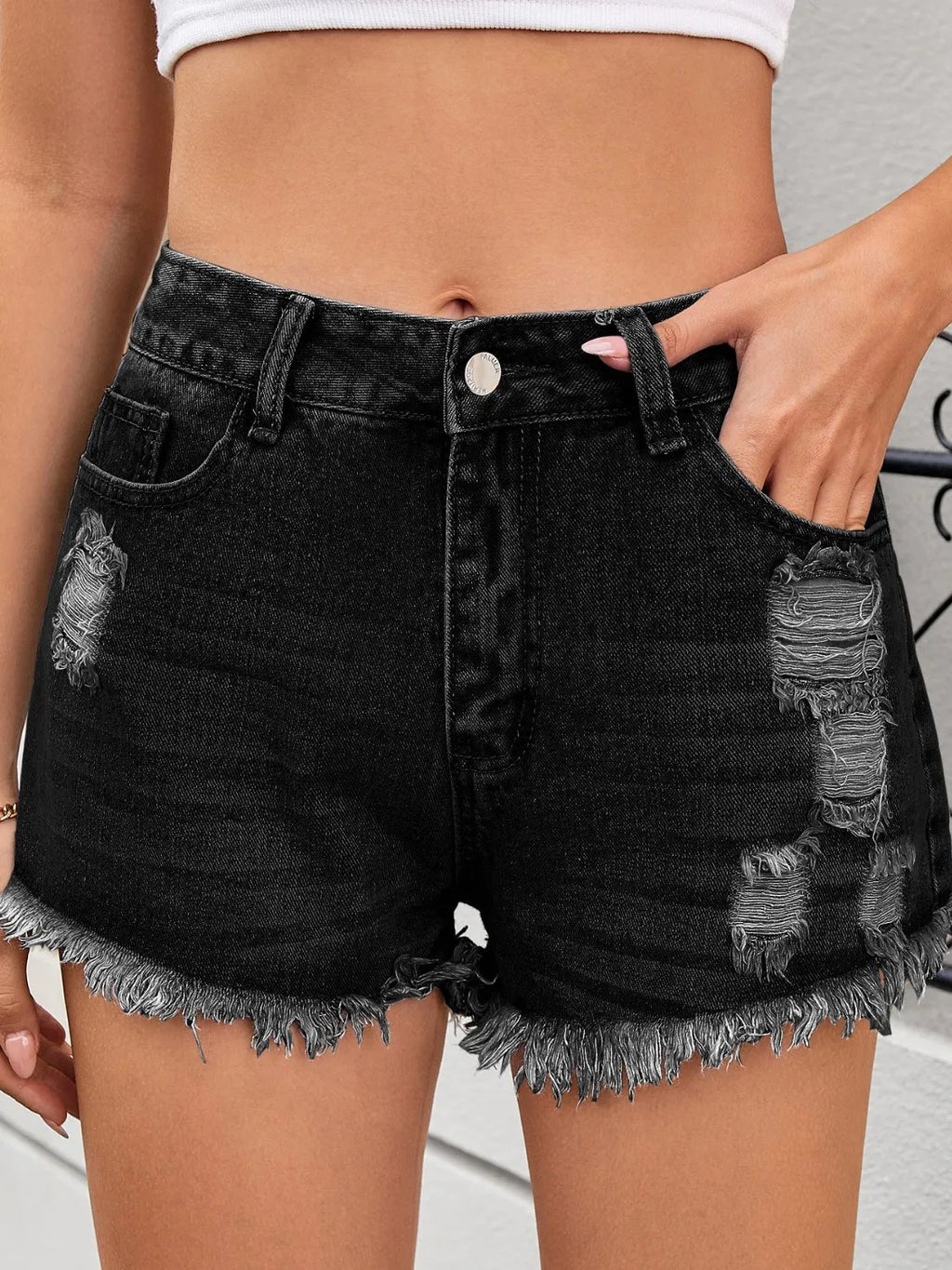 Distressed Raw Hem Denim Shorts - Maria de Fatima Andrade