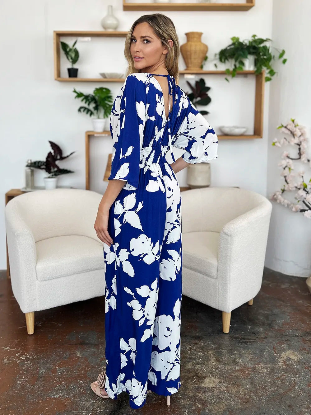 Double Take Full Size Printed Tie Back Wide Leg Jumpsuit - Maria de Fatima Andrade