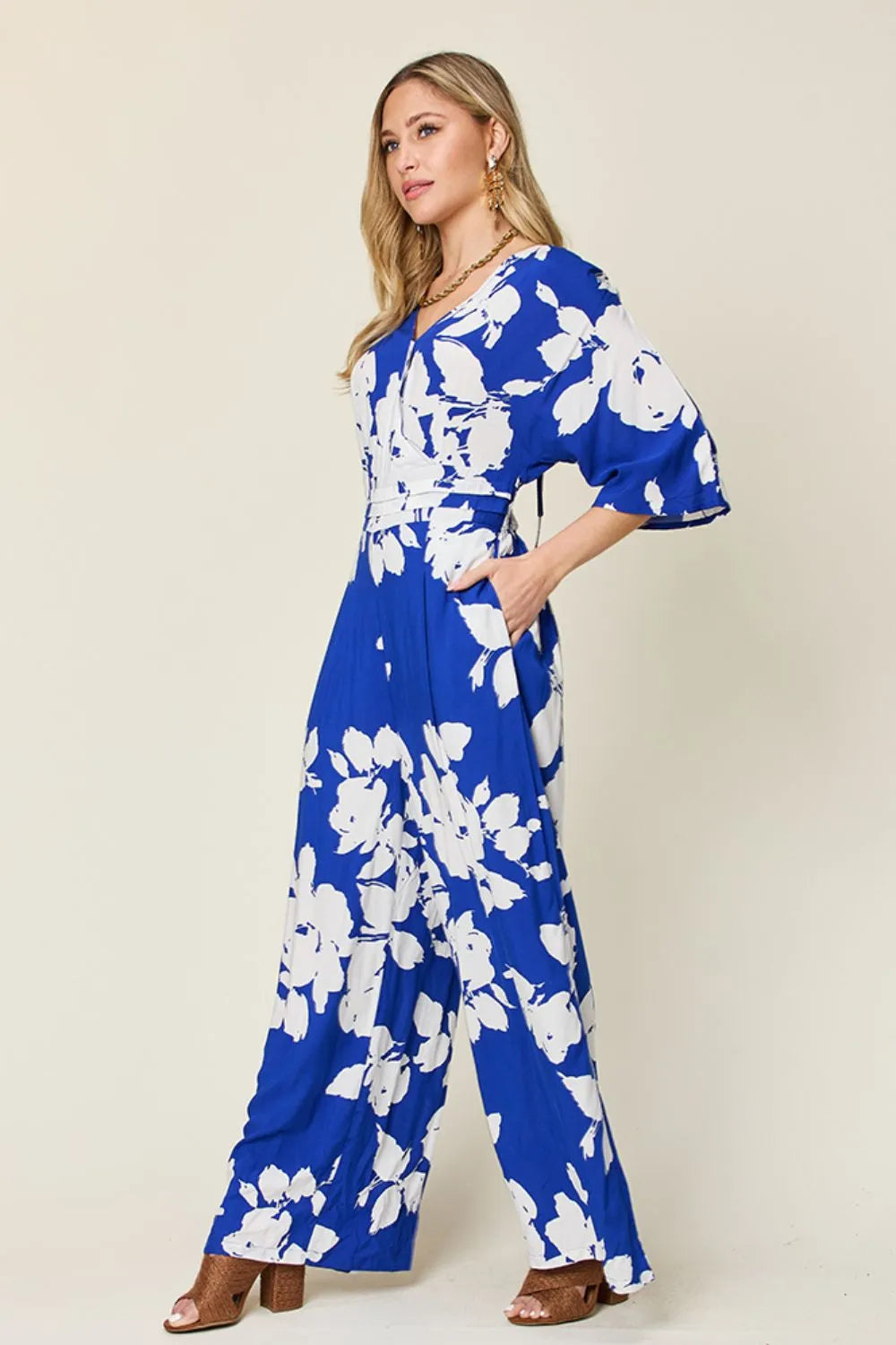 Double Take Full Size Printed Tie Back Wide Leg Jumpsuit - Maria de Fatima Andrade