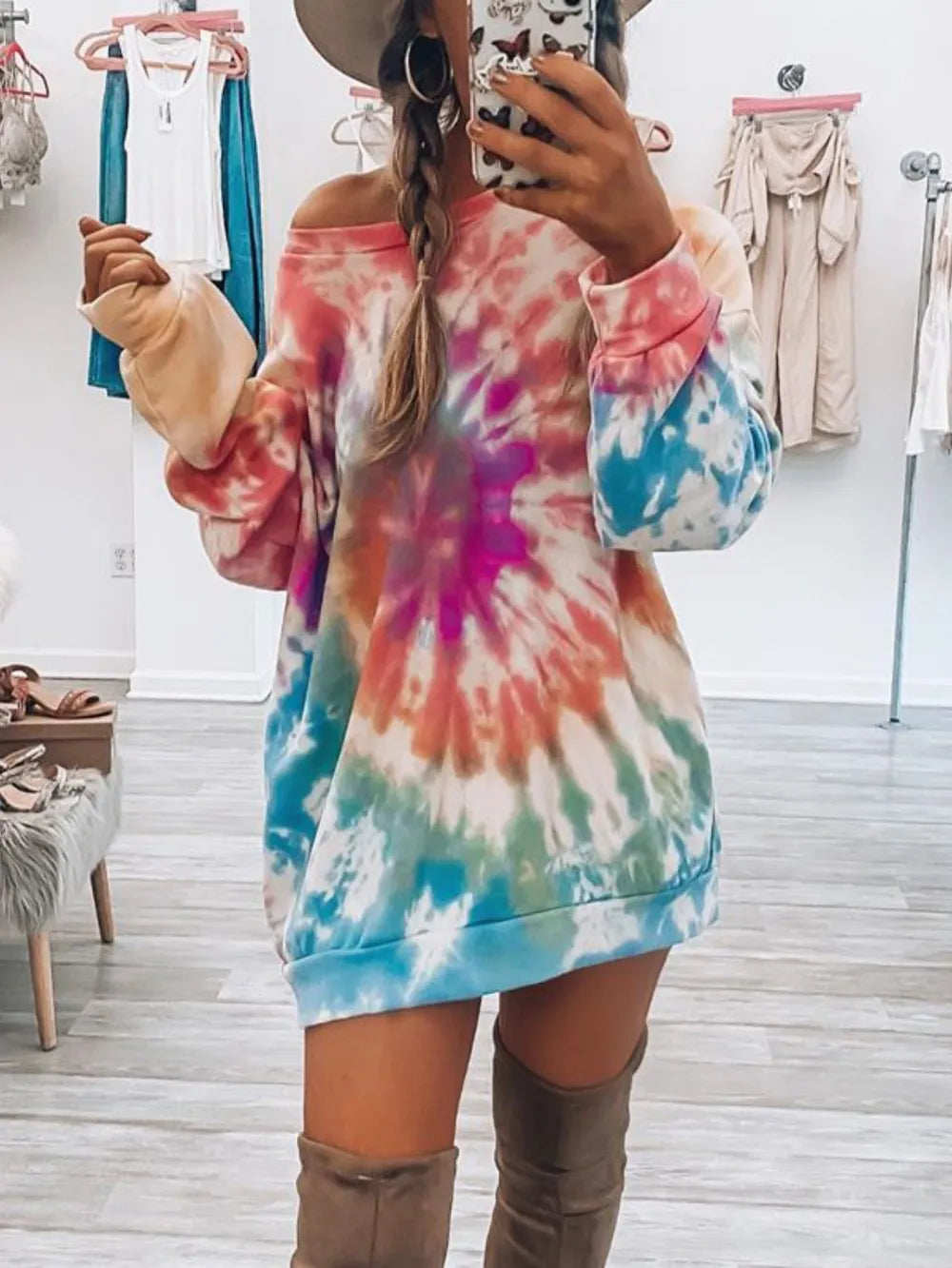 Full Size Tie-Dye Round Neck Long Sleeve Dress - Maria de Fatima Andrade