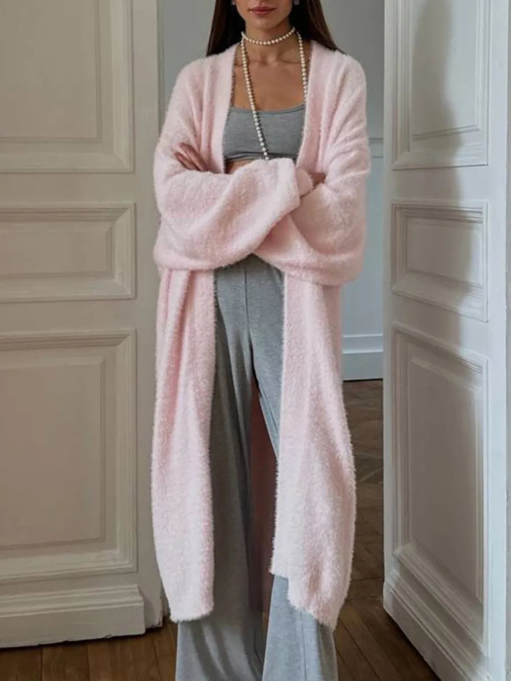 Fuzzy Open Front Solid Color Cardigan - Maria de Fatima Andrade