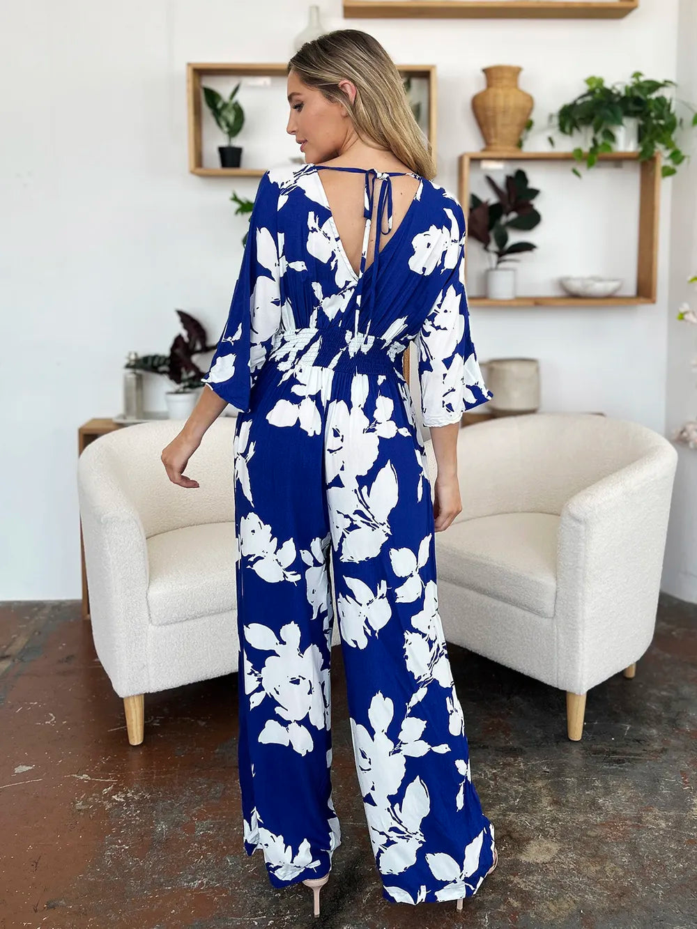 Double Take Full Size Printed Tie Back Wide Leg Jumpsuit - Maria de Fatima Andrade