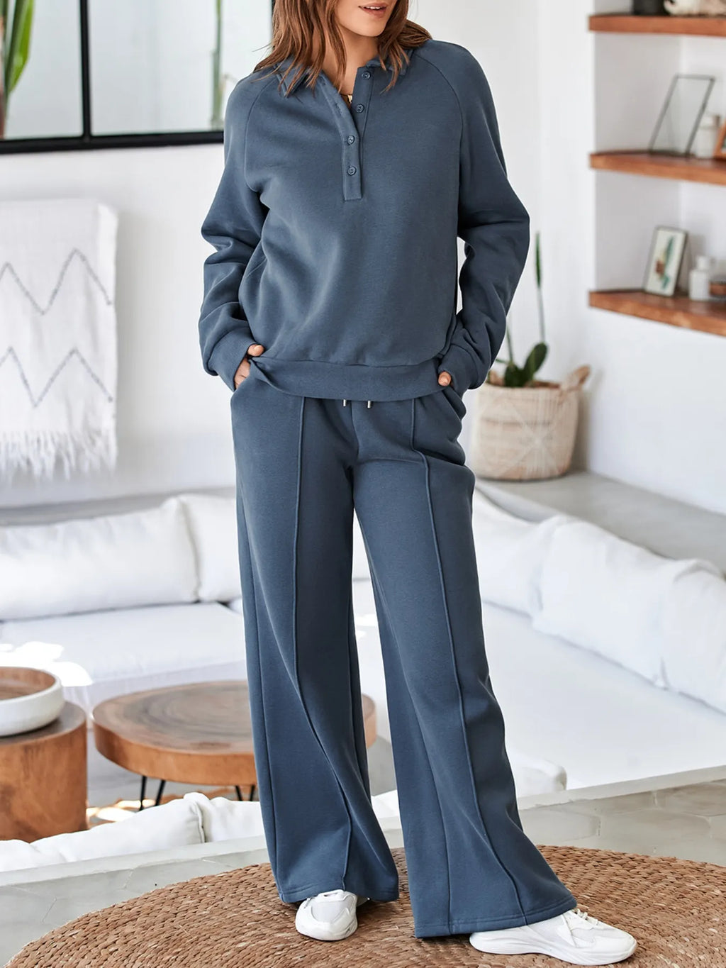Collared Sweatshirt and High Waist Pants Active Set - Maria de Fatima Andrade