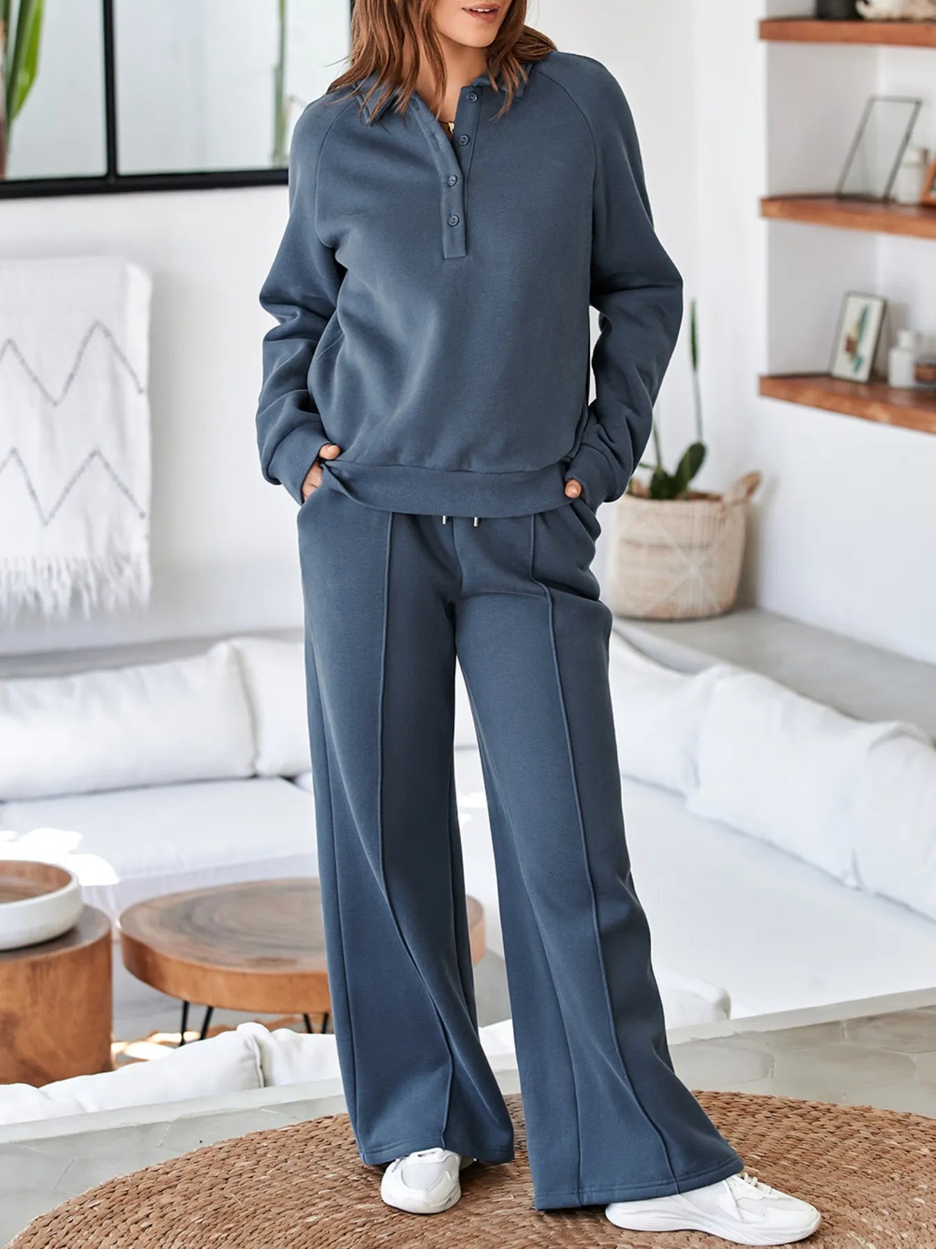 Collared Sweatshirt and High Waist Pants Active Set - Maria de Fatima Andrade