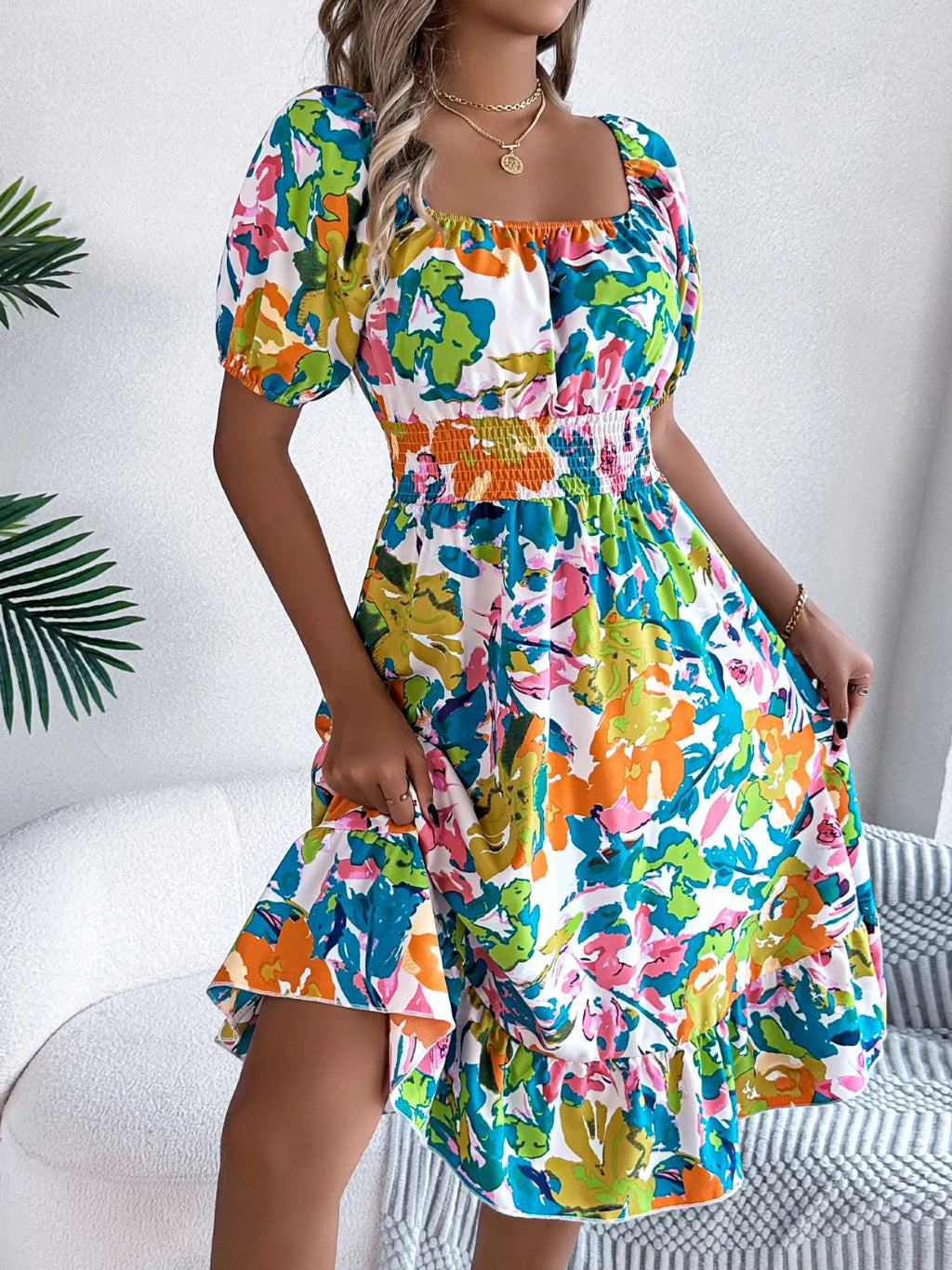 Ruffled Hem Smocked Floral Short Sleeve Midi Dress - Maria de Fatima Andrade