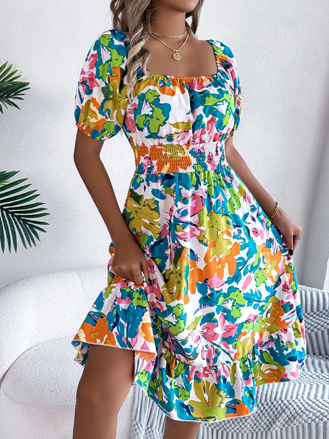 Ruffled Hem Smocked Floral Short Sleeve Midi Dress - Maria de Fatima Andrade