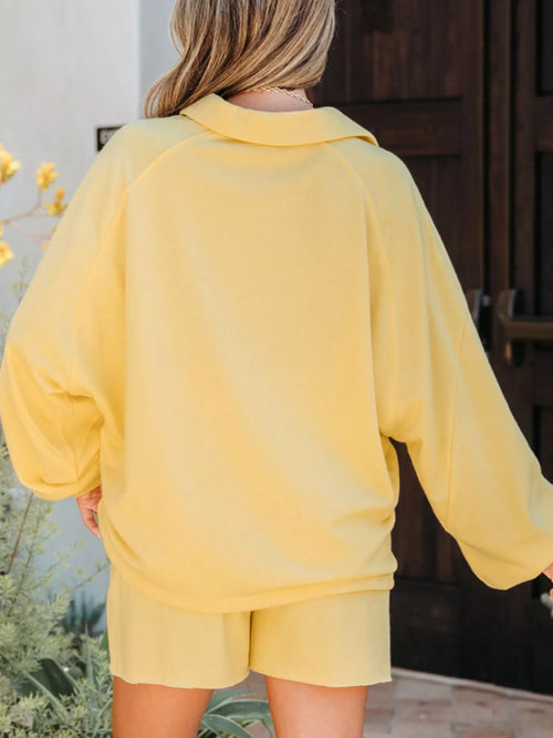 Button Collar Drop Shoulder Top and Shorts 2pcs Set - Maria de Fatima Andrade