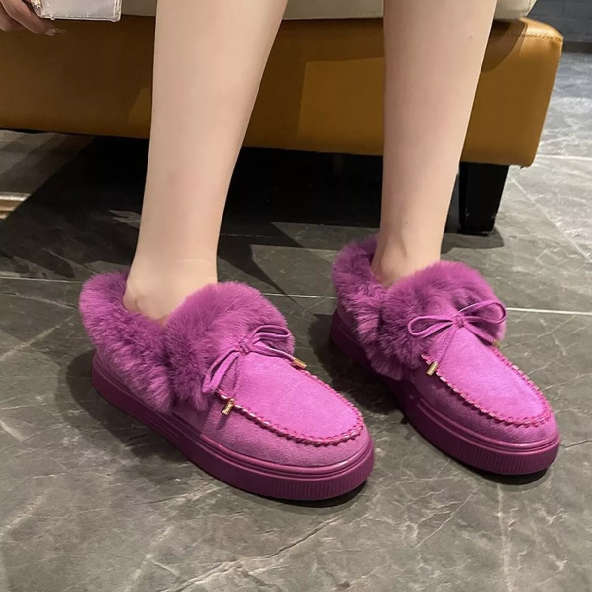 Fuzzy Round Toe Slip-Ons - Maria de Fatima Andrade
