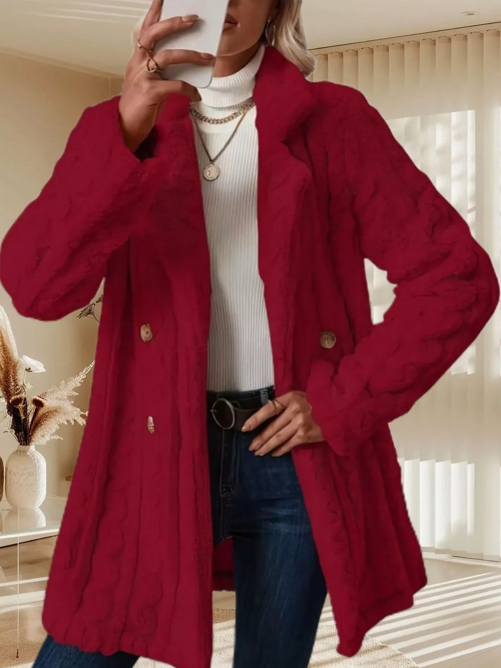 Double-Breasted Fleece Longline Coat - Maria de Fatima Andrade
