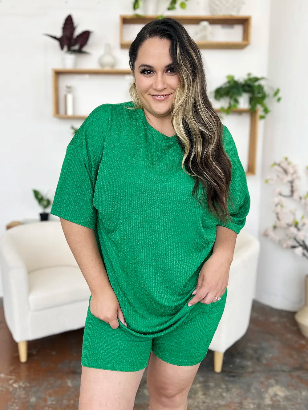 Double Take Full Size Texture Round Neck Drop Shoulder T-Shirt and Shorts Set - Maria de Fatima Andrade