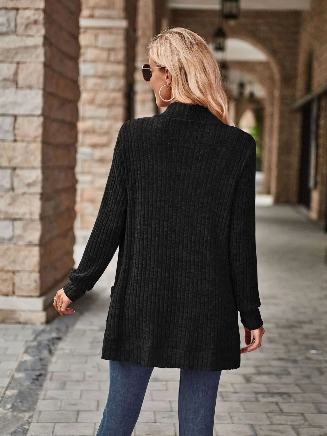 Ribbed Open Front Long Cardigan with Pockets - Maria de Fatima Andrade
