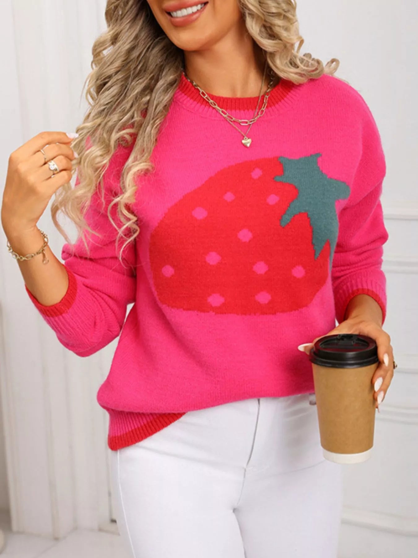 Strawberry Crew Neck Sweater - Maria de Fatima Andrade