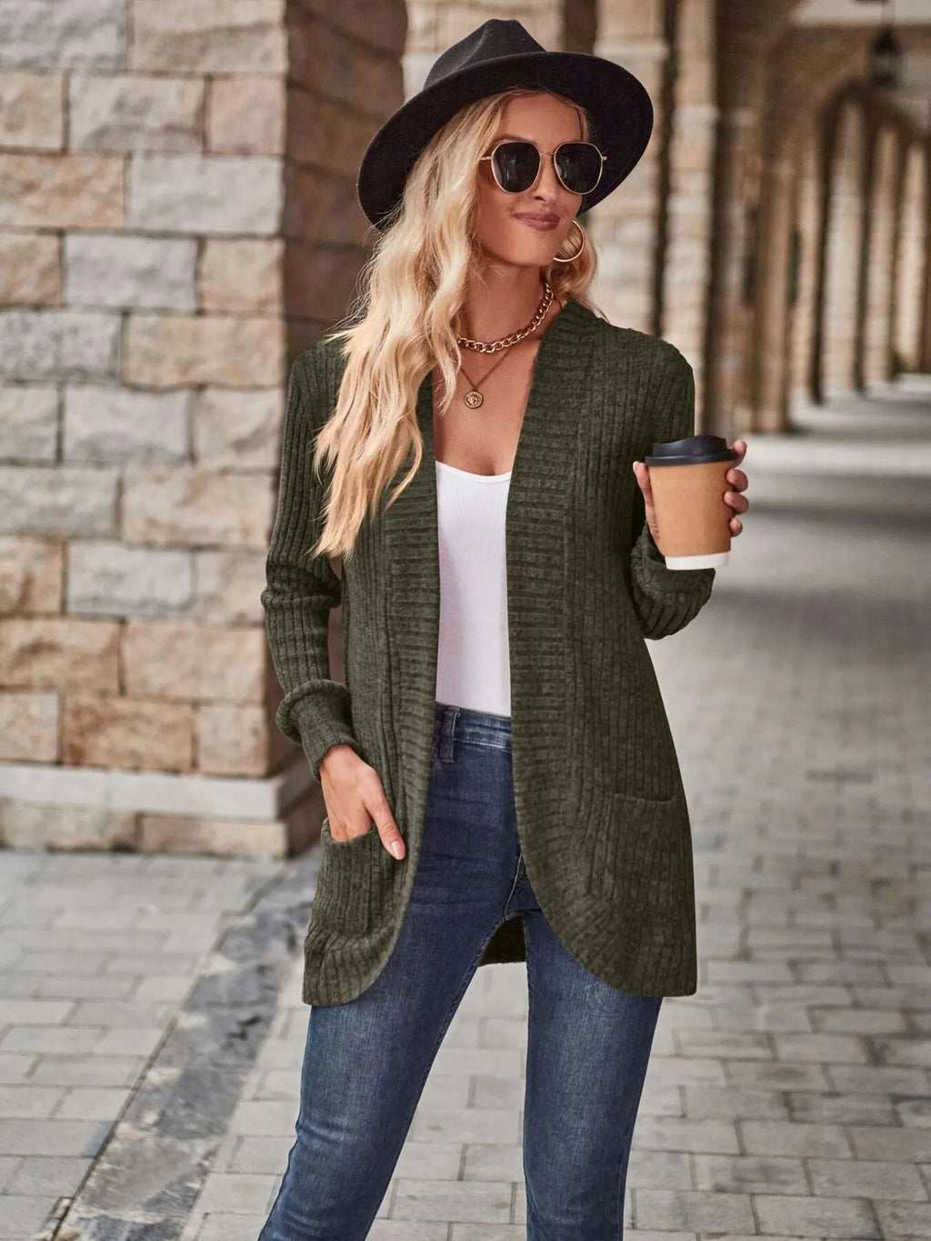 Ribbed Open Front Long Cardigan with Pockets - Maria de Fatima Andrade