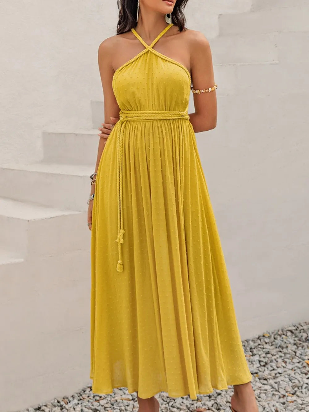 Swiss Dot Backless Sleeveless Maxi Dress - Maria de Fatima Andrade