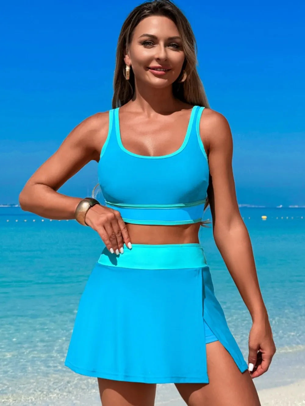 Scoop Neck Top and Skort Swim Set - Maria de Fatima Andrade