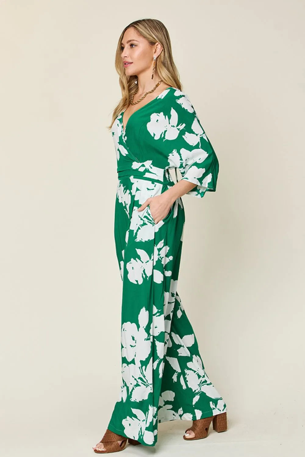 Double Take Full Size Printed Tie Back Wide Leg Jumpsuit - Maria de Fatima Andrade
