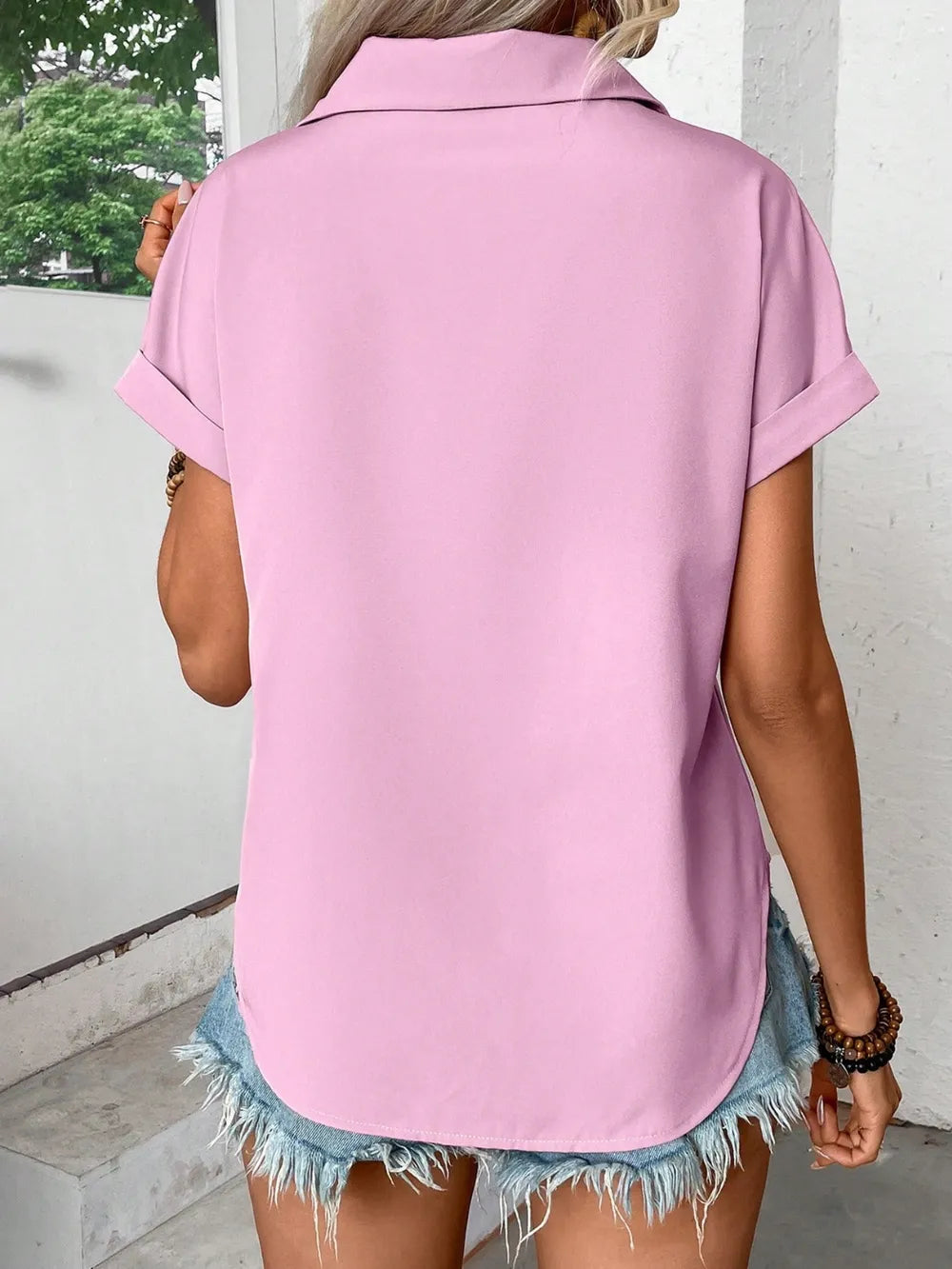 Pleated Detail Collared Neck Short Sleeve Shirt - Maria de Fatima Andrade
