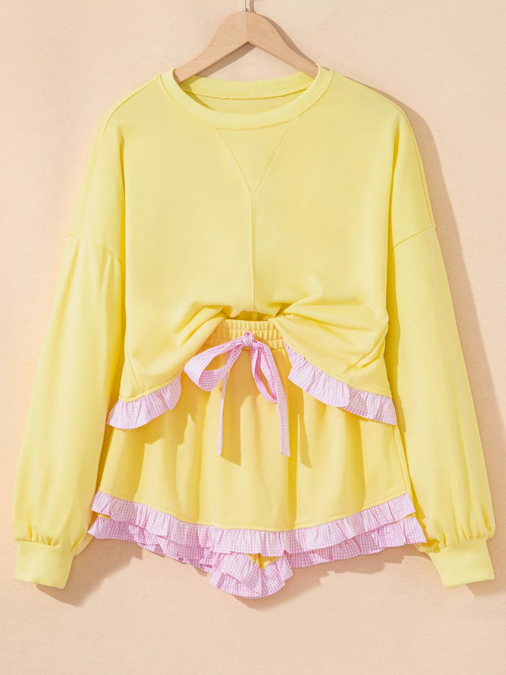 Contrast Frill Hem Round Neck Top and Shorts Set - Maria de Fatima Andrade