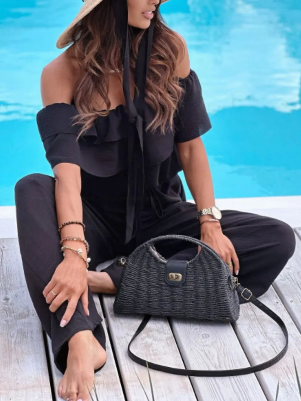 Ruffled Off  Shoulder Wide Leg Jumpsuit - Maria de Fatima Andrade