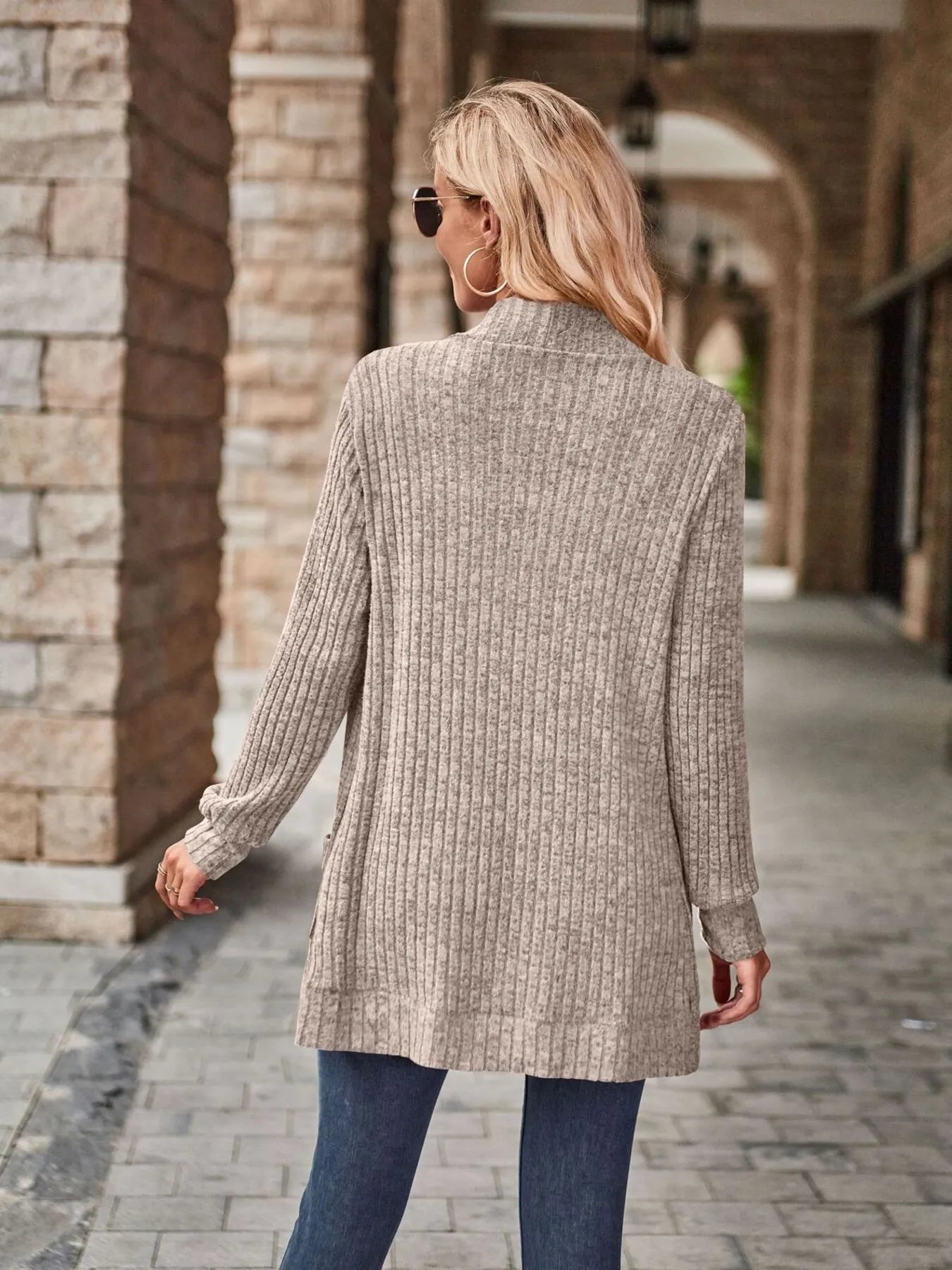 Ribbed Open Front Long Cardigan with Pockets - Maria de Fatima Andrade