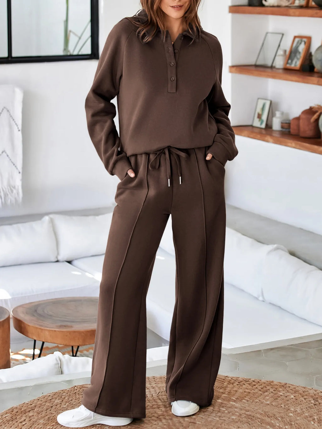 Collared Sweatshirt and High Waist Pants Active Set - Maria de Fatima Andrade