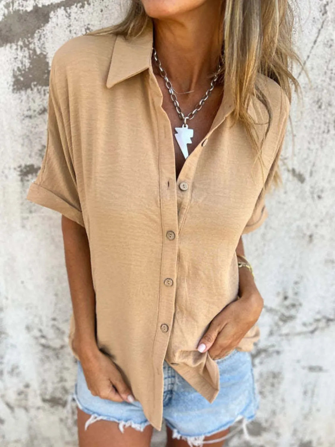 Full Size Collared Neck Half Sleeve Shirt Plus Size - Maria de Fatima Andrade