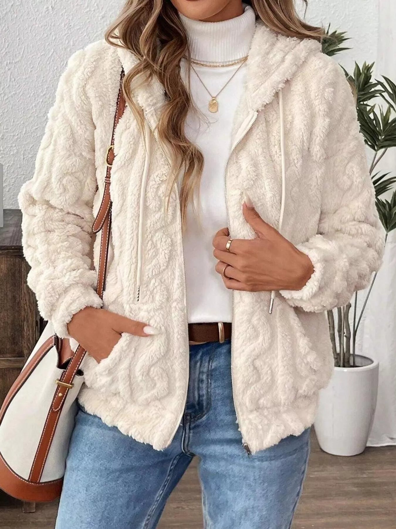 Drawstring Zip-Up Fleece Hooded Outerwear - Maria de Fatima Andrade