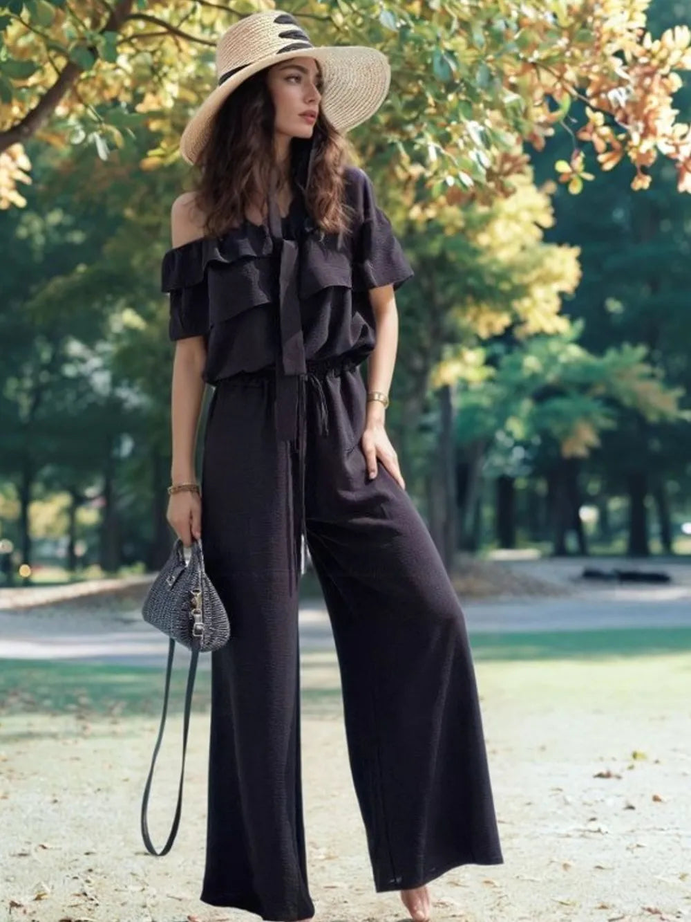 Ruffled Off  Shoulder Wide Leg Jumpsuit - Maria de Fatima Andrade
