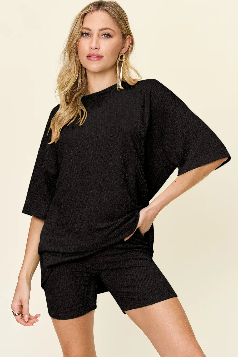 Double Take Full Size Texture Round Neck Drop Shoulder T-Shirt and Shorts Set - Maria de Fatima Andrade