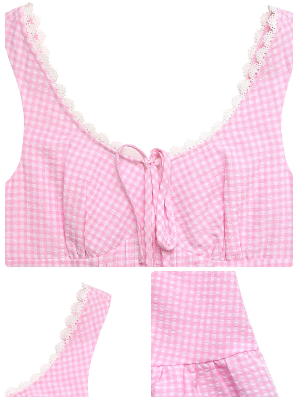 Gingham Lace Trim Mini Dress - Maria de Fatima Andrade