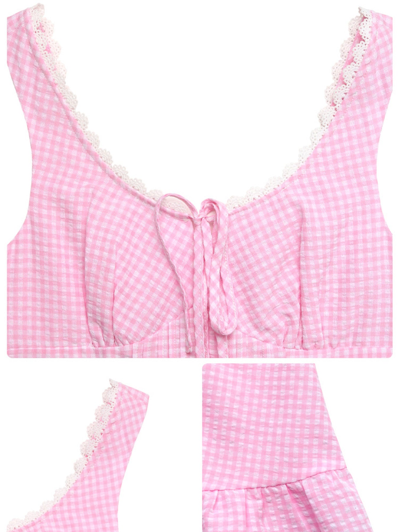 Gingham Lace Trim Mini Dress - Maria de Fatima Andrade